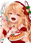  absurdres artist_name bangs bare_shoulders bell blonde_hair blue_nails bow cake commentary_request dress eyebrows_visible_through_hair fangs flandre_scarlet food fork fruit fur_collar gotoh510 hair_bow hat heart highres long_hair looking_at_viewer merry_christmas nail_art nail_polish open_mouth pointy_ears red_bow red_dress red_eyes red_hat red_nails santa_costume santa_hat simple_background smile solo strawberry touhou upper_body white_background wings 