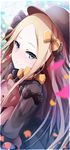  abigail_williams_(fate/grand_order) bad_id bad_pixiv_id bangs black_bow black_dress black_hat blonde_hair blue_eyes blurry blurry_background bow closed_mouth day depth_of_field dress fate/grand_order fate_(series) forehead from_side hair_bow hat highres long_hair long_sleeves looking_at_viewer looking_to_the_side object_hug orange_bow outdoors parted_bangs polka_dot polka_dot_bow sleeves_past_wrists smile solo stuffed_animal stuffed_toy teddy_bear very_long_hair wada_kazu 