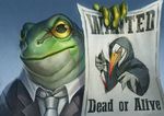  amphibian anthro business_suit clothed clothing digital_media_(artwork) frog looking_at_viewer male necktie pechschwinge suit wanted_poster yellow_eyes 