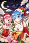  2girls ;d ass_visible_through_thighs ayamy bare_shoulders black_legwear blue_eyes blue_hair blush breasts capelet christmas cleavage closed_mouth commentary_request crescent_moon detached_sleeves eyes_visible_through_hair fur_trim gift hair_between_eyes hair_ornament hairclip hakugei_(re:zero) hat highres large_breasts looking_at_viewer moon multiple_girls night one_eye_closed open_mouth outdoors panties pantyshot pantyshot_(standing) petelgeuse_romaneeconti pink_eyes pink_hair pom_pom_(clothes) ram_(re:zero) re:zero_kara_hajimeru_isekai_seikatsu red_hat red_panties rem_(re:zero) santa_costume santa_hat short_hair siblings sisters sky sled smile standing star_(sky) starry_moon starry_sky thigh_gap underwear wings x_hair_ornament 