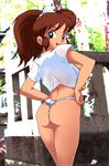  :d ass blurry blurry_background breasts brown_hair crop_top day from_behind fukune_atsuko fundoshi green_eyes hair_ribbon hands_on_hips highres japanese_clothes long_hair looking_at_viewer looking_back medium_breasts mugen_shinshi open_mouth outdoors pepipopo photo_background ponytail ribbon shirt sideboob smile solo t-shirt white_shirt 