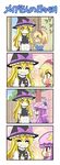  4koma alice_margatroid bangs blonde_hair blunt_bangs blush bow brown_eyes closed_eyes colonel_aki comic commentary crescent crescent_hair_ornament dress flying_sweatdrops grin hair_ornament hat hat_bow kirisame_marisa lamppost long_hair long_sleeves mob_cap multiple_girls open_door open_mouth patchouli_knowledge purple_eyes purple_hair short_sleeves sidelocks smile sparkle thumbs_up touhou translated wall witch_hat younger 
