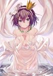  bare_shoulders breasts cleavage closed_mouth crown dress hair_between_eyes hair_ornament hair_ribbon hairclip haishiki highres large_breasts looking_at_viewer original own_hands_together purple_eyes purple_hair ribbon ripples shawl short_hair smile wading water white_dress white_ribbon wreath 