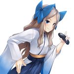  asakaze_(kantai_collection) blue_bow blue_hakama bow brown_hair cowboy_shot eggplant hakama holding_vegetable japanese_clothes kantai_collection kimono light_brown_hair long_hair meiji_schoolgirl_uniform mofu_namako simple_background solo standing wavy_hair white_background white_kimono 