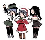  :d arare_(kantai_collection) arm_warmers arms_up asashio_(kantai_collection) black_hair black_legwear blush boots bow cake closed_eyes commentary dress food full_body fur-trimmed_sleeves fur_trim grey_hair hat kantai_collection long_hair long_sleeves lowres multiple_girls ooshio_(kantai_collection) open_mouth pinafore_dress remodel_(kantai_collection) santa_costume santa_hat short_hair smile standing strawberry_shortcake terrajin thighhighs white_background zettai_ryouiki 