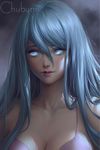  artist_name bangs blue_eyes blue_hair bra breasts chuby_mi cleavage hair_between_eyes highres lips long_hair looking_at_viewer md5_mismatch medium_breasts no_pupils original pink_bra realistic solo sunlight underwear underwear_only upper_body watermark 