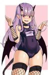  bangs blush cameltoe clothes_writing collar cowboy_shot demon_girl demon_horns demon_tail demon_wings detached_sleeves elzlo eyebrows_visible_through_hair fishnet_legwear fishnets highres horns long_hair name_tag one-piece_swimsuit open_mouth original pointy_ears purple_hair red_eyes school_swimsuit sidelocks succubus swimsuit tail thighhighs very_long_hair wings 
