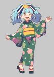 blue_hair full_body hair_ornament hoshikawa_lily japanese_clothes kimono nakkasu obi sash simple_background solo star star_hair_ornament twintails wide_sleeves yukata zombie_land_saga 