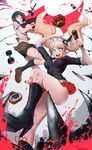 :d arm_up artist_name assault_rifle bangs bare_legs bear_hair_ornament black_footwear black_hair black_jacket black_legwear black_shorts blonde_hair blood blue_eyes boots bow breasts brown_footwear brown_skirt cross-laced_footwear crown danganronpa danganronpa_1 dumbbell enoshima_junko freckles gun hair_ornament hammer hand_tattoo high_heel_boots high_heels highres holding holding_gun holding_hammer holding_weapon ikusaba_mukuro jacket kitchen_knife kneehighs lace-up_boots leg_up loafers long_hair looking_down medicine_bottle medium_breasts microskirt miniskirt monokuma multiple_girls nail_polish navel open_mouth parted_bangs plaid plaid_skirt pleated_skirt qosic red_bow red_nails rifle round_teeth sanpaku shirt shoes short_hair short_sleeves shorts shorts_under_skirt siblings sisters skirt smile spoilers standing standing_on_one_leg teeth thighs trigger_discipline twins twintails v-shaped_eyebrows very_long_hair weapon white_background white_shirt 