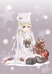  azur_lane black_legwear boots commentary dated earmuffs enterprise_(azur_lane) gloves hat highres ice_skates long_hair looking_at_viewer merry_christmas open_mouth pantyhose purple_eyes quin_(himegata_alice) ribbon sack santa_hat scarf signature silver_hair sitting skates snowflakes snowman_hair_ornament solo sparkle star stuffed_animal stuffed_reindeer stuffed_toy wariza white_footwear white_gloves white_hat 