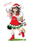  2017 boots brown_hair carrying_bag christmas commentary_request dated doll dress fang hair_between_eyes hand_on_own_chest hat highres horns kijin_seija long_hair looking_at_viewer multicolored_hair open_mouth raccoon_tail red_eyes red_hair santa_hat shadow solo streaked_hair sweatdrop tail tako_(plastic_protein) touhou translation_request yin_yang_orb 