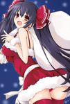  bare_shoulders black_hair christmas fur_trim hair_ornament hat iwasi-r long_hair neptune_(series) noire red_eyes ribbon sack santa_costume santa_hat twintails 