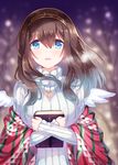 :d angel_wings black_hair blue_eyes blush book breasts hairband highres holding holding_book idolmaster idolmaster_cinderella_girls jewelry large_breasts long_hair looking_at_viewer necklace open_mouth outdoors ribbed_sweater sagisawa_fumika shawl smile snow sweater tree wings zinczinc_ka 