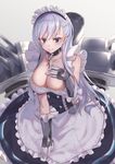  azur_lane bangs belfast_(azur_lane) blue_eyes blush braid breasts chain cleavage collar collarbone commentary_request eyebrows_visible_through_hair french_braid gloves large_breasts long_hair looking_at_viewer maid maid_headdress razaria silver_hair smile solo turret 