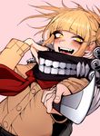  :d bags_under_eyes bangs blonde_hair blunt_bangs blush boku_no_hero_academia commentary double_bun dutch_angle eyebrows_visible_through_hair fangs fingernails foreshortening holding holding_knife holding_weapon j.k. jacket knife long_sleeves looking_at_viewer open_mouth pink_background red_scarf scarf short_hair simple_background smile solo toga_himiko upper_body weapon yellow_eyes 