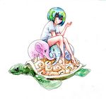  animal aqua_hair artist_request discworld earth-chan elephant great_a'tuin highres open_mouth original shirt short_hair shorts sitting t-shirt turtle 