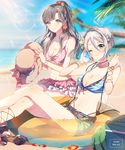  alternate_eye_color beach belt bikini bikini_skirt black_eyes black_hair blue_eyes bracelet breasts cleavage crossed_legs flower hagoromo_komachi_(idolmaster) hair_flower hair_ornament hat hat_removed headwear_removed holding holding_hat idolmaster idolmaster_cinderella_girls idolmaster_cinderella_girls_starlight_stage jewelry kobayakawa_sae large_breasts lens_flare long_hair looking_at_viewer multiple_girls nennen ocean one_eye_closed shiomi_shuuko short_hair shorts silver_hair sitting striped striped_bikini swimsuit wrist_straps 