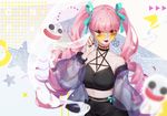  aqua_ribbon collarbone copyright_name crop_top dywx_poison floating_hair glasses hair_ribbon heart heart-shaped_eyewear highres long_hair nail_polish one_piece perona pink_hair red_eyes red_nails ribbon solo standing sunglasses twintails very_long_hair 