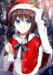  aa_(sin2324) arm_up bangs bell blue_eyes blush brown_hair capelet christmas closed_mouth commentary_request eyebrows_visible_through_hair fingernails fur-trimmed_capelet fur-trimmed_hat fur_trim hair_between_eyes hakama-chan_(aa) hand_on_headwear hat holding holding_sack holly long_hair looking_at_viewer original red_capelet red_hat sack shirt smile snowing solo upper_body white_shirt 