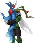  2017 anthro arthropod blue_scales claws digimon dragon duo flamedramon horn hug insect male male/male membranous_wings scales scalie simple_background spikes stingmon unknown_artist wings 