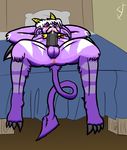  anthro anus balls bed black_penis blush buwaro_elexion canine claws cum demon ear_piercing erection fur hair horn humanoid_penis inside looking_at_viewer lying male mammal nipples nude on_back on_bed pendant penis piercing precum purple_fur slightly_damned solo vein veiny_penis webcomic white_hair xarxaxyl 