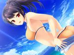  :d ass bikini blue_shorts blue_sky breasts cloud cowboy_shot day dolphin_hair_ornament dutch_angle eyebrows_visible_through_hair floating_hair hair_between_eyes high_ponytail jewelry long_hair medium_breasts necklace ocean ogasawara_chisa open_mouth orange_bikini outdoors ponytail red_eyes short_shorts shorts shorts_pull sideboob sky smile solo sora_to_umi_ga_fureau_kanata standing swimsuit underboob yamashita_kouji yashima_takahiro 