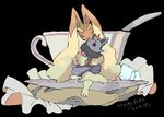 1girl :3 animal_ears black_background bunny_ears cup doll feet female full_body furry hands_together hug jkwaipa0926 legs_crossed lopunny no_humans paws plate pokemon pokemon_(creature) pokemon_bw pokemon_dppt saucer simple_background sitting smile solo teacup text translation_request zorua 