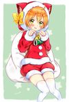  :d ahoge animal_hood artist_name bell bico_(bicoris) blush bow cat_hood christmas commentary_request fang green_background green_eyes hair_between_eyes highres hood hood_up hoshizora_rin jingle_bell knees_together_feet_apart long_sleeves looking_at_viewer love_live! love_live!_school_idol_project open_mouth orange_hair paw_pose red_shorts ribbon sack santa_costume short_hair shorts sitting smile solo star thighhighs white_legwear yellow_bow 