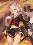  animal_ears azur_lane bangs black_serafuku black_shirt black_skirt blush cannon cat_ears closed_mouth cloud cloudy_sky commentary_request edobox hair_between_eyes holding holding_weapon katana long_sleeves looking_at_viewer machinery maya_(azur_lane) midriff navel neckerchief outdoors pleated_skirt red_neckwear scarf school_uniform serafuku sheath sheathed shirt silver_hair skirt sky solo sword thigh_gap turret weapon white_scarf 