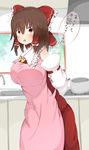  absurdres akabeco apron blush bow breasts brown_eyes brown_hair cookie_(touhou) detached_sleeves eyebrows_visible_through_hair hair_bow hair_tubes hakurei_reimu highres indoors kanna_(cookie) large_breasts looking_at_viewer open_mouth pink_apron red_bow short_hair solo speech_bubble touhou translation_request 