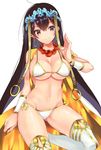  ariko_youichi bead_necklace beads bikini bikini_top black_hair breasts cleavage commentary_request earrings fate/grand_order fate_(series) hair_between_eyes hoop_earrings jewelry large_breasts long_hair navel necklace prayer_beads red_eyes solo swimsuit white_bikini xuanzang_(fate/grand_order) 