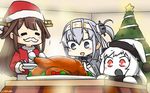  3girls :d =_= alternate_costume black_sailor_collar blush brown_hair christmas_tree closed_eyes clothes_writing commentary dated fake_facial_hair fake_mustache food fur_trim grey_eyes hachimaki hamu_koutarou hat headband highres holding horns kantai_collection kongou_(kantai_collection) kotatsu long_hair long_sleeves multiple_girls northern_ocean_hime open_mouth pom_pom_(clothes) red_eyes sailor_collar santa_costume santa_hat school_uniform serafuku shinkaisei-kan side_ponytail silver_hair smile suzutsuki_(kantai_collection) table turkey_(food) white_hair white_headband 