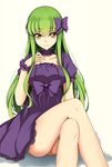  bangs bow c.c. choker code_geass collarbone cosplay_request crossed_legs dress eyebrows_visible_through_hair green_hair hair_between_eyes hair_bow highres long_hair looking_at_viewer lucky_keai purple_bow purple_dress short_dress short_sleeves simple_background sitting smile solo very_long_hair white_background wrist_cuffs yellow_eyes 