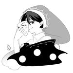  bangs closed_mouth commentary_request doremy_sweet eyebrows_visible_through_hair greyscale hair_between_eyes hand_up hat holding holding_mask looking_at_viewer mask monochrome nightcap pom_pom_(clothes) shikushiku_(amamori_weekly) short_hair signature simple_background smile solo touhou upper_body white_background 