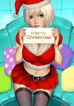  ariverkao blue_eyes breasts christmas cleavage english fur_trim hat holding holding_sign large_breasts lips looking_at_viewer merry_christmas midriff navel original pleated_skirt santa_costume santa_hat short_hair sign signature silver_hair sitting skirt solo thighhighs 