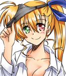  black_panties blonde_hair blush breasts cleavage dress_shirt green_eyes hair_ribbon heterochromia long_hair looking_at_viewer lyrical_nanoha mahou_shoujo_lyrical_nanoha_vivid medium_breasts object_on_head older panties panties_on_head red_eyes ribbon san-pon shirt side_ponytail smile solo underwear vivio 