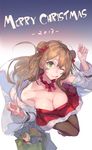  2017 ;q bare_shoulders black_legwear bow breasts brown_hair choker cleavage coat collarbone double_bun downblouse dress gen_(bividgen) girls_frontline green_eyes hair_bow highres index_finger_raised large_breasts merry_christmas one_eye_closed open_clothes open_coat pantyhose red_bow red_dress rfb_(girls_frontline) short_dress solo strapless strapless_dress tongue tongue_out tube_dress 