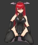  arm_at_side bare_shoulders black_gloves black_legwear closed_mouth commentary_request corset crotch_seam demon_girl demon_wings eyebrows_visible_through_hair full_body gloves hair_between_eyes halterneck hand_on_own_thigh head_wings highres kneeling koakuma long_hair looking_at_viewer matinmorgen no_nose red_eyes red_hair smile solo spread_legs thighhighs touhou wings 