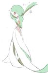  1girl arm_up female full_body gardevoir green_hair hair_over_one_eye hand_up jkwaipa0926 looking_up no_humans open_mouth pokemon pokemon_(creature) pokemon_rse red_eyes short_hair simple_background smile solo standing star text translation_request v white_background 