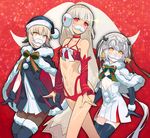  altera_(fate) altera_the_santa artoria_pendragon_(all) bangs black_legwear blonde_hair blue_cape blunt_bangs blush boots bow bowtie bra brown_legwear cape choker commentary detached_sleeves earmuffs eyebrows_visible_through_hair fake_facial_hair fake_mustache fate/grand_order fate_(series) fur_trim green_neckwear headpiece highres jeanne_d'arc_(fate)_(all) jeanne_d'arc_alter_santa_lily kodama_(wa-ka-me) long_hair long_sleeves looking_at_viewer multiple_girls navel panties pantyhose ponytail pose red_bra red_choker red_eyes red_panties santa_alter short_hair silver_hair sparkle standing thigh_boots thighhighs underwear veil very_long_hair yellow_eyes 