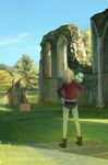  blonde_hair bouquet commentary denim denim_shorts fate/apocrypha fate/grand_order fate_(series) flower from_behind glastonbury_abbey grave hand_on_hip jacket leather leather_jacket mordred_(fate) mordred_(fate)_(all) ponytail real_world_location ruina ruins shorts sign tree 