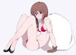  bikini black_footwear bob_cut brown_eyes brown_gloves brown_hair gloves grey_background hagiwara_yukiho idolmaster idolmaster_(classic) kurihara_kenshirou looking_at_viewer red_bikini ribs sack short_hair simple_background sitting solo swimsuit 