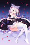  animal_ears azur_lane bare_shoulders black_dress blue_eyes choker closed_mouth dress embarrassed hammann_(azur_lane) highres legs long_hair looking_at_viewer lying md5_mismatch panties petals red_choker solo thighhighs tougetsu_hajime underwear wavy_mouth white_hair white_legwear white_panties 