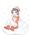  arare_(kantai_collection) bangs black_hair boots bow commentary_request dress eyebrows_visible_through_hair fur-trimmed_boots fur-trimmed_dress fur-trimmed_hat fur_trim green_bow hat holding holding_sack kantai_collection looking_away ooyama_imo red_dress red_footwear red_hat sack santa_boots santa_costume santa_hat short_hair solo star sweat thighhighs thighhighs_under_boots white_background white_legwear yellow_eyes 