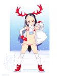  bikini bird_tail blue_hair commentary elbow_gloves fake_antlers flat_chest forehead giant_penguin_(kemono_friends) gloves gradient_hair grey_hair hand_on_hip headphones highres kemono_friends legs_apart long_hair looking_at_viewer lowleg lowleg_bikini merry_christmas micro_bikini mudou_eichi multicolored_hair navel red_bikini red_eyes red_footwear red_mittens sack santa_gloves scarf smile snow snowing solo stomach swimsuit thighhighs very_long_hair white_gloves white_legwear white_scarf 