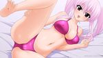  absurdres barefoot bed bed_sheet bikini blush breasts cameltoe collarbone highres large_breasts leg_up looking_at_viewer lying navel on_bed open_mouth original pink_bikini pink_hair purple_eyes shiny shiny_clothes shiny_skin smile spread_legs stomach sugimura_tomokazu swimsuit tied_hair twintails 