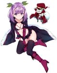  :o automaton_(object) black_legwear boots breasts cape collarbone colonel_olcott_(fate/grand_order) doll fate/grand_order fate_(series) fur_trim garter_straps hat helena_blavatsky_(fate/grand_order) highres holly looking_at_viewer nishimi_shin purple_eyes purple_hair sack santa_costume santa_hat short_hair small_breasts solo thighhighs 