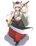  absurdres adapted_costume animal_ears arm_at_side baggy_pants bandages bare_arms bare_shoulders closed_mouth commentary_request dual_wielding eyebrows_visible_through_hair full_body grey_hair hair_between_eyes hand_up hat highres holding holding_sword holding_weapon inubashiri_momiji japanese_clothes katana looking_at_viewer matinmorgen medium_hair pants pom_pom_(clothes) red_eyes serious sheath shirt simple_background sleeveless sleeveless_shirt solo sword tail tokin_hat touhou unsheathing walking weapon weapon_on_back white_background white_shirt wolf_ears wolf_tail 