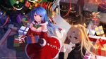  ^_^ alternate_costume azur_lane bare_shoulders blonde_hair blue_hair blurry breasts christmas_tree cleveland_(azur_lane) closed_eyes dress eldridge_(azur_lane) from_above fur_trim gift gloves gridley_(azur_lane) helena_(azur_lane) illustrious_(azur_lane) looking_at_viewer looking_up medium_breasts multiple_girls official_art purple_eyes red_dress red_eyes red_gloves red_ribbon ribbon shaded_face shadow side_ponytail sidelocks sitting snowing swd3e2 white_gloves 