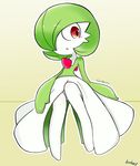  1girl artist_name beige_background blush character_name english female full_body gardevoir hair_over_one_eye highres komhey looking_to_the_side no_humans open_mouth pokemon pokemon_(creature) pokemon_rse red_eyes signature simple_background solo text 